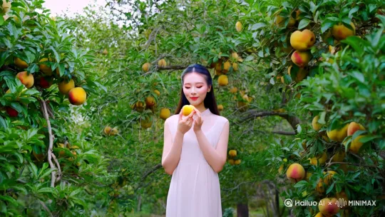 帮我生成一个中国美女吃黄桃的视频，要求有结满果实的背景，美女羞涩、美丽，身材高挑，楚楚动人地吃黄桃，视频大约30秒 by Hailuo AI Video Generator