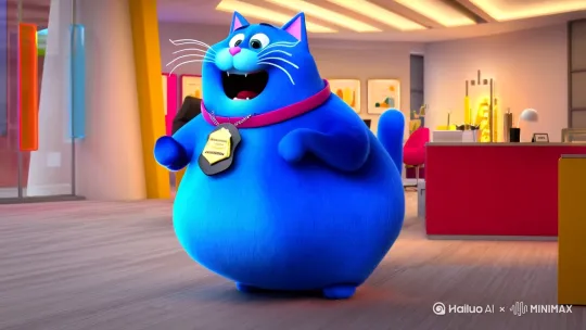 蓝色的胖猫在办公室里一遍转圈一边笑着说话，脖子上的工牌一直在甩。嘴里还在说小帅哥小帅哥小帅哥小帅哥小帅哥， by Hailuo AI Video Generator