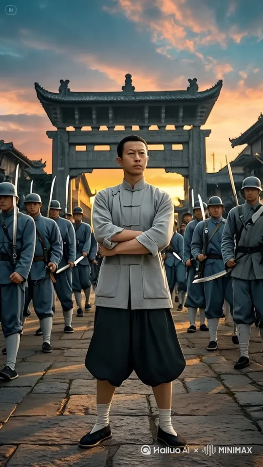 中间男人和士兵们激烈对打，迅猛对招，拳打脚踢打的12名士兵年年后退，惨叫连连，口吐鲜血，左打右踢，空翻对打转圈，对打转圈，对踢扫堂腿踢退后全部群攻群打一起乱打一通，你打我，我打你，我打他，他打我 by Hailuo AI Video Generator