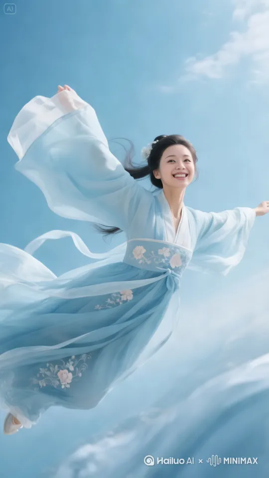 要要图中人物从云中俯冲飞向地面大遍的油菜花，并上下左右旋转飞舞[右移,左摇,跟随] by Hailuo AI Video Generator