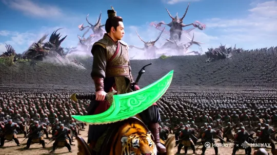武松身皮虎皮，骑在虎将身上，手拿青龙偃月刀站在十万大军之前，面对着来势汹汹的百万蛤蟆大军，天空盘旋着由敖丙带领的数十万龙族和由哪吒带领的数十万天兵[晃动,变焦拉远] by Hailuo AI Video Generator