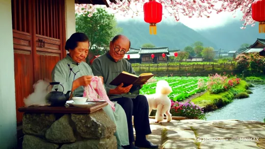 一对中国中年夫妻坐在门前的石头櫈上，老太手中织着毛活儿，老汉戴着眼镜在看书，石桌上茶炉在冒着热气，小泰迪狗在旁边欢快的玩着，远处菜地里种着蔬菜，篱笆上开满了鲜花，远山云雾缭绕。门前一条小河缓缓流过。果树上开着花朵。远处零星邻家。屋檐下红色的灯笼随风摇曳。 by Hailuo AI Video Generator