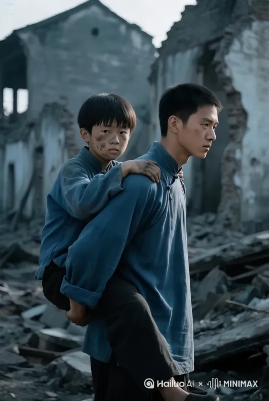 尺寸改成16：9，一位民国少年背着一个小男孩的电影片段，少年在慢慢的行走[左移,推进,右摇] by Hailuo AI Video Generator