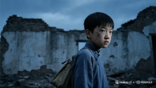 [下降,上摇]废物中的少年，眼神充满了茫然 by Hailuo AI Video Generator