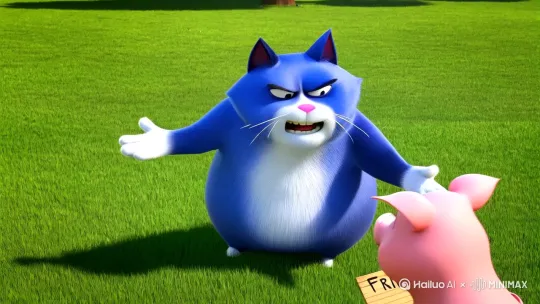 一只蓝色的胖猫指这小猪一直在骂，[推进]小猪拿着一个牌子，上面写着星期五，他们在一个公园的草地上，蓝色的胖猫骂完就生气的走开了，[右摇]小猪在后面追，蓝色的胖猫看见小猪跟过来就快点儿跑。[跟随] by Hailuo AI Video Generator