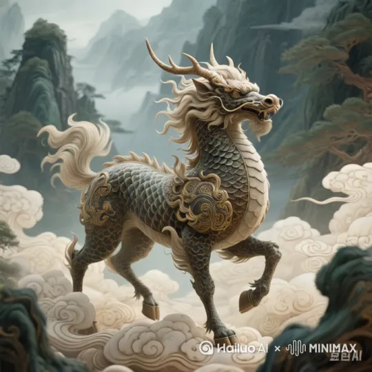 镜头右摇，跟随麒麟像向右运动，麒麟腾云驾雾飞翔远方。麒麟周身光芒骤起，光芒呈五彩之色如流动的星云，祥云翻涌环绕麒麟，其鳞片闪烁光芒似有火焰流转，双角光芒愈发强盛，身体周围气流激荡扭曲空间，鬃毛飞扬如同被无形之力拉扯，仿佛要挣脱束缚，超清晰呈现光芒与气流的动态，史诗级别的变化构图，中国山海经奇幻氛围渲染，神话背景中光与能的交织，中国新艺术绘画表现手法，马克斯・西蒙式奇幻笔触，细节超细且复杂，16K 极致画质，Octane 渲染呈现光影变化，幻觉引擎营造梦幻效果 --ar 2:3 --v 4 by Hailuo AI Video Generator