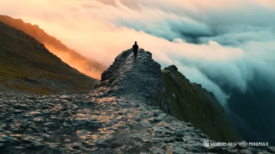 一个人在雨后登上山顶，看到雾漫山腰，迎接第一幕日出 by Hailuo AI Video Generator