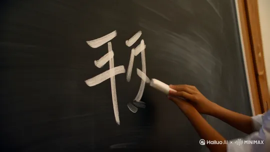 **分镜5：校园生活蒙太奇**  
*时长：20秒*  
- **镜头组**：  
  1. 特写粉笔书写"人"字（黑板反光映出专注小脸）  
  2. 中景劳动课擦玻璃（窗框分割出阳光几何图案）  
  3. 俯视课间操场（跳皮筋/滚铁环构成流动色块）  
- **叠化转场**：翻动的日历显示全勤奖状 by Hailuo AI Video Generator
