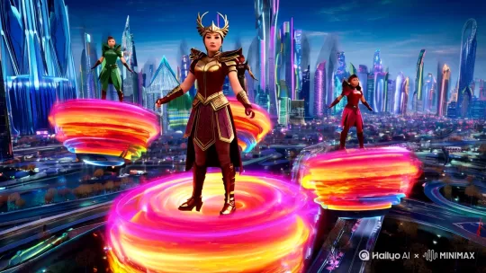 哪吒穿越到2035年，带着四胞胎踏上风火轮， by Hailuo AI Video Generator