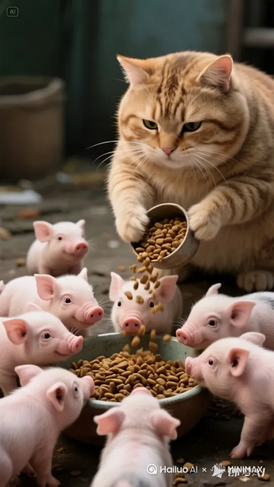 一只大肥猫正在将猫粮倒在盆子里，一群小猪在争相抢食，电影质感，高清[左移,推进,右摇] by Hailuo AI Video Generator