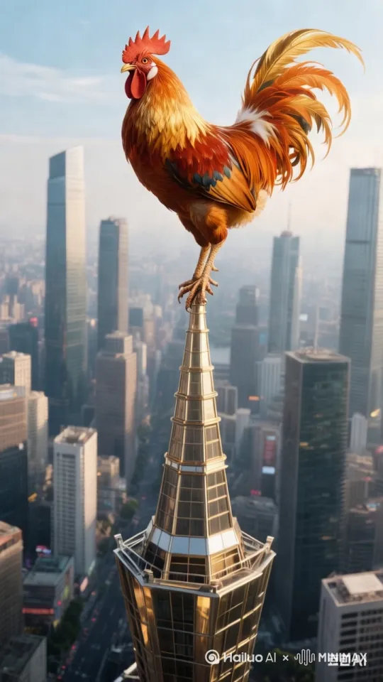 金鸡张开嘴奋力一啼，整个城市顿时亮了起来，金光闪。闪 by Hailuo AI Video Generator