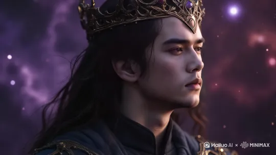 [左移,推进,右摇]画面中的男人表情先是带有一丝忧虑和悲伤，然后他轻轻的、缓缓的闭上了眼睛。背景中的紫色虚空元素，在缓慢的流动，弥漫。 by Hailuo AI Video Generator