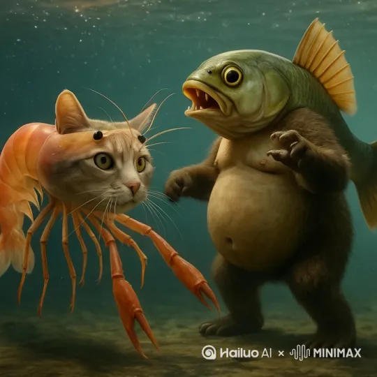 打架，鱼把虾猫打倒 by Hailuo AI Video Generator