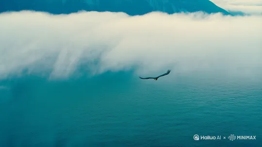一只老鹰在碧海蓝天之间自由穿梭。
[下降,上摇]浮云到半山
一抬头
见满山窝的浮云
轻描淡写地对着山下高楼灯火的指指点点 by Hailuo AI Video Generator