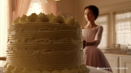 一个女人把蛋糕🍰开始向右移动，然后向左摇晃，最后跟随某种节奏或路径移动。 by Hailuo AI Video Generator