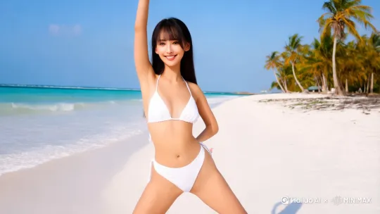 [固定镜头]一个中国美女，全身照，穿着白色的比基尼泳衣，魔鬼身材，皮肤白皙，黑色长发，保持微笑，在阳光明媚的沙滩上跳韩舞。
场景是白色的沙滩，画面右边远处有一棵椰子树，有蓝天。 by Hailuo AI Video Generator