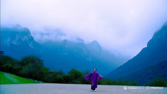 第一幕：太极初现
 
镜01：全景 5s
├─武当山云雾缭绕
├─张三丰站在练武场中央
└─AI指令：
武当山全景|张三丰身着宽袖道袍独立|微风拂过|青黛色山峦与云雾缭绕|#2F4F4F+#413B6B|《太极张三丰》电影开场场景 --ar 9:16 --niji 5 by Hailuo AI Video Generator