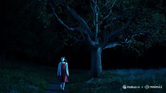 在一个深谙的月夜，一个女生在一条狭小的道路上，行走，风吹落叶，突然旁边一颗大树一阵晃动，女人慢慢的往树上看去，却什么都没有，正当她暗自庆幸自己想多了时，忽然感觉到后面凉嗖嗖的 by Hailuo AI Video Generator