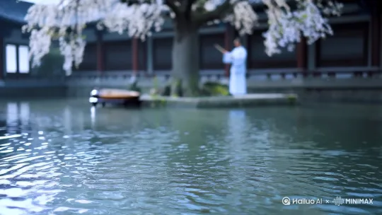 1. **场景设定：**
   - **背景**：视频的背景可以设定为一个传统的中国庭院，庭院中有一个古老的洗砚池，池水清澈见底，池边有一棵古老的树，树下摆放着文房四宝（笔墨纸砚）。
   - **色调**：整体色调以淡雅为主，突出“淡墨痕”的意境。可以通过使用淡墨色的滤镜和柔和的光线来营造这种氛围。

#### 2. **主要元素：**
   - **洗砚池**：镜头从洗砚池开始，池水微微荡漾，池边有一支毛笔，笔尖蘸着淡墨。
   - **树**：镜头缓缓上移，聚焦在池边的树上。树上开满了淡墨色的花朵，花瓣轻盈，仿佛随时会被风吹散。
   - **花朵**：每个花朵都呈现出淡墨色的纹理，象征着“个个花开淡墨痕”。可以通过特写镜头展示花朵的细节，突出其淡雅和精致。

#### 3. **人物设定：**
   - **诗人**：一个身穿传统汉服的诗人站在树下，手持毛笔，凝视着树上的花朵。他轻轻挥动手中的毛笔，仿佛在书写着心中的诗句。
   - **动作**：诗人可以有一些简单的动作，比如轻轻抚摸花瓣，或者在地面上用淡墨书写诗句。

#### 4. **音乐与音效：**
   - **背景音乐**：选择一首悠扬的古琴曲，旋律简单而富有韵味，能够很好地衬托出诗的意境。
   - **自然音效**：加入一些自然音效，比如风声、鸟鸣、水流声，增强场景的真实感和宁静氛围。

#### 5. **镜头运用：**
   - **开场镜头**：从洗砚池开始，缓慢上移，聚焦在树上的花朵。
   - **特写镜头**：对花朵进行特写，展示其淡墨色的纹理和精致的细节。
   - **中景镜头**：展示诗人站在树下的场景，诗人轻轻挥动手中的毛笔。
   - **全景镜头**：展示整个庭院的场景，突出其宁静和淡雅的氛围。

#### 6. **视频结尾：**
   - **诗句呈现**：在视频的最后，镜头缓缓拉远，诗句“吾家洗砚池头树，个个花开淡墨痕。不要人夸好颜色，只流清气满乾坤。”以淡墨色的字体出现在屏幕上，字体逐渐清晰，仿佛是诗人刚刚写下的。
   - **淡出效果**：诗句出现后，视频逐渐淡出，留下一种余韵悠长的感觉。 by Hailuo AI Video Generator
