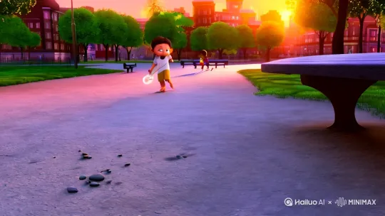 场景：现代城市的小公园傍晚，夕阳暖光洒在长椅上，远处有孩子嬉闹声。[左移,推进,右摇]开场：一个5岁小男孩举着蒲公英奔跑，突然被石子绊倒，膝盖擦伤，蒲公英飞散（镜头俯拍蒲公英四散）。转折：一双穿着朴素拖鞋的脚入镜，镜头缓缓上移——耶稣（现代日常打扮）蹲下，轻拍孩子肩膀。高潮：特写耶稣的手覆盖孩子伤口（掌心淡淡金光特效，伤口快速愈合）孩子破涕为笑跑开，边跑边回头挥手。镜头拉远，耶稣坐在长椅上，蒲公英随风飘过他身侧。  画面需要真实，符合现代的物理模型 by Hailuo AI Video Generator