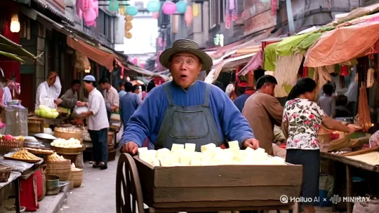 在充满生活气息的古街道上,市场的一角,一个帅气的中国成熟男人格外引人注目。它身着蓝色背带裤,头戴条纹帽,正推着一辆木板手推车,车上装满豆腐。一直向前走,嘴里喊着豆腐卖豆腐,眼神中透露出天真无邪,正面对前面,一直向前走 by Hailuo AI Video Generator
