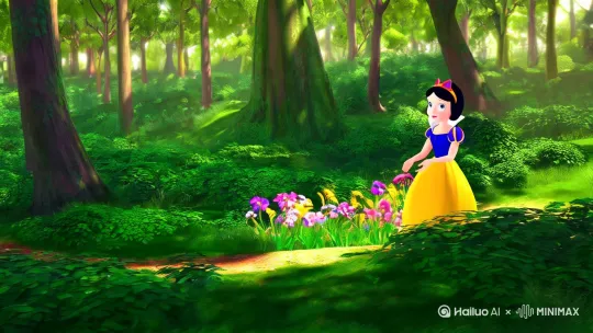 吉卜力画风，迪士尼白雪公主森林里采花[右移,左摇,跟随] by Hailuo AI Video Generator