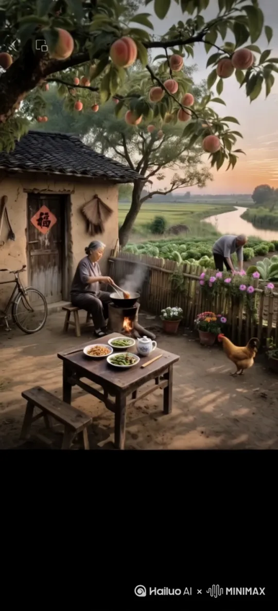 生成一个老奶奶在做饭，院子中摆满了一桌可口的饭菜，院子中有一群小鸡在吃米，院子中有一颗正在开花的桃树，老爷在院子旁边的菜地里除草，背景音乐是喜鹊在叫，生成9：16的竖版视频 by Hailuo AI Video Generator