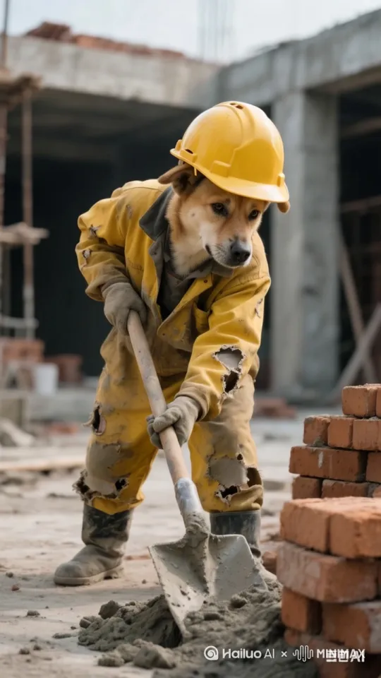 建筑工地场景，中华田园犬穿着褪色黄工服站立在混凝土堆旁，前爪紧握铁锹铲起砂石水泥浆，安全帽下露出耷拉的耳朵，湿润鼻尖沾着水泥粉末，沾灰的毛爪握住木柄呈现用力铲土姿态，背景可见钢筋脚手架和搅拌机，强烈阳光在金属工具表面形成高光，超写实风格表现混凝土质感与毛发汗湿效果，4K画质突显工服破洞磨损和砂砾反光，尘土飞扬中展现劳动者坚毅神态 by Hailuo AI Video Generator