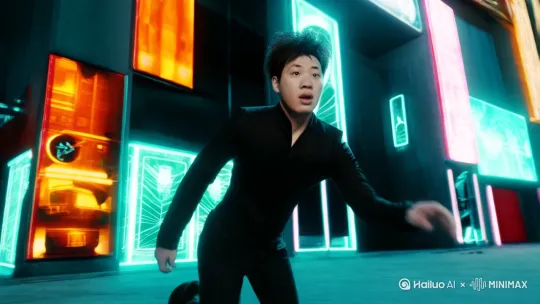 以此人物为男主角，生成一段电影质感的科幻片段，4K，主人公在奔跑躲闪，后方有EVA初号机在不断追逐逼近。 by Hailuo AI Video Generator