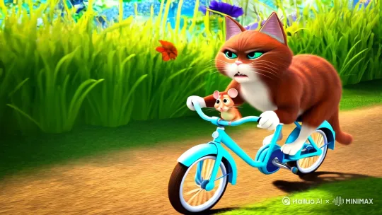 －只猫背着一只老鼠骑自行车，掉进来水沟里 by Hailuo AI Video Generator