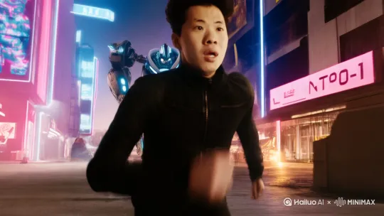 以此人物为男主角，生成一段电影质感的科幻片段，4K，主人公在奔跑躲闪，后方有EVA初号机在不断追逐逼近。 by Hailuo AI Video Generator