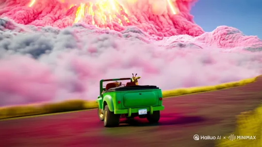 [晃动,跟随]火山爆发产生的火山灰以飞泻地速度一路袭来，一辆装有大象、长颈鹿、美洲狮的绿色敞篷吉普车则被火山灰追着往前拼命飞驰
[左移,上升]从火山灰的角度拉到车子近景
[晃动]司机美洲狮，它手紧紧握住方向盘，一脸紧张
[晃动]副驾驶长颈鹿，一脸担忧地瞪大双眼看着美洲狮，双手捂着嘴
[下降,上摇]此时坐在后排的大象则赶紧把被吹得到处甩动的长鼻子拽回车里，两手紧紧抱住 by Hailuo AI Video Generator