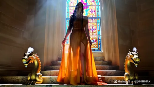 ### **精修版图片提示词**
**核心画面描述**  
"Ultra-realistic 8K cinematic portrait, front full-body view of goddess-like woman standing on veined marble steps, wearing semi-transparent amber gradient chiffon gown with off-shoulder neckline and thigh-high slit, wet obsidian hair cascading over sculpted shoulders, water droplets clinging to defined trapezius muscles, Baroque stained glass window casting prismatic light through volumetric steam, gilded dragon faucets spewing thermal streams, crimson peony petals swirling in milky pool with faint red liquid diffusion"

**强化细节参数**  
```markdown
- 材质表现：SSS皮肤透光+丝绸湿粘物理模拟
- 动态元素：Realflow流体解算(发梢滴水轨迹)+Phoenix FD(香炉烟雾形态)
- 光影架构：三光源系统(顶光柔焦+侧逆光塑形+水面反射补光)
- 艺术风格：Anime Realism × Caravaggio chiaroscuro
```

**禁忌安全处理**  
"Artistic nude illusion through strategic fabric clinging effects, SFW composition with dynamic smoke veiling sensitive zones, focus shifted to shoulder muscle definition" by Hailuo AI Video Generator