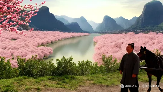 群山像屏风似的排列着，河水清澈得就跟画儿似的，四周连个城郭的影子都没有。不过呢，这儿有好几万棵桃树，把这儿围得跟个大城池似的。这时候正好是仲春，一阵香风飘过来，几万棵桃树都含苞吐蕊的，就像用锦缎和刺绣围成的帐篷，整整齐齐地排在两边。
蒋书生可高兴坏了，他就跟马商人一块儿，沿着桃花慢慢走进去。正走着呢，忽然就瞧见几十队小绣车，跟蜜蜂似的拥过来。车上的姑娘们，打扮得那是各有千秋，有的长得好看，有的长得一般。
这里头有一个女子，那模样，脸凹进去，耳朵还蜷着，嘴唇外翻，牙齿参差不齐。可她倒好，浑身珠光宝气的，看着就像富贵人家的闺女。还拿着抹巾，遮着袖子，硬要摆出一副妩媚的样子。蒋书生和马商人看了，忍不住就笑出声来。
最后面有一辆车，上面坐着一个年轻漂亮的姑娘。她头上插着荆钗，身上穿着布衣，可那股子天生的美貌，就算是玉蕊琼英也比不上啊。蒋书生一下子就被吸引住了，和马商人悄悄地跟在车后面。[左移,上升] by Hailuo AI Video Generator