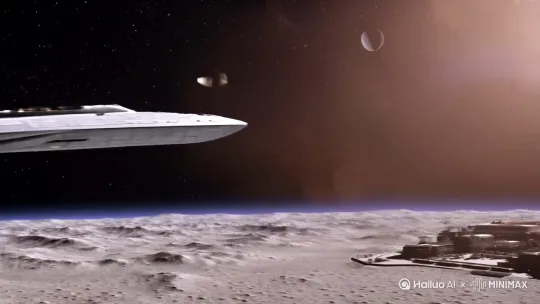 宇宙飞船 飞向月球基地，镜头跟进 by Hailuo AI Video Generator