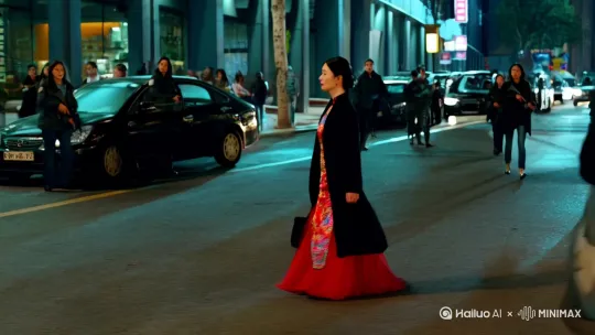 [左移,右摇,跟随]一个穿唐装美女手提一只包包穿着黑色风衣走在夜晚的街道上，来往的车辆和行人从他身后经过，后面跟着几名女特工，尾随其后。[左移,跟随] by Hailuo AI Video Generator