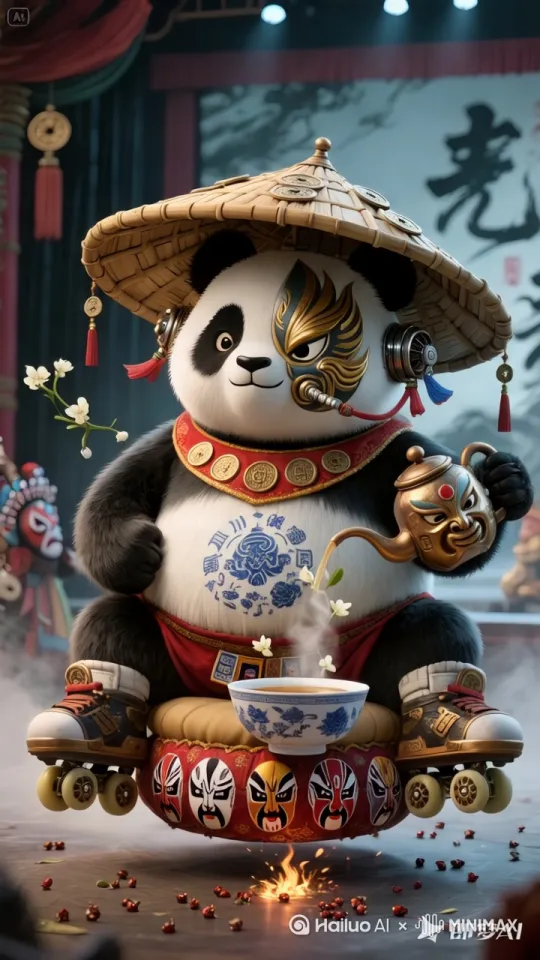 日常瘫坐在盖碗茶造型的悬浮蒲团上，用长嘴铜壶给自己倒茉莉花茶，说话带椒盐味川普：「你娃莫慌，吃个兔脑壳噻~」 by Hailuo AI Video Generator