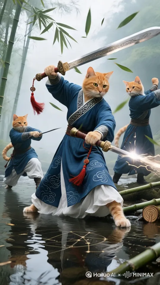 镜头移动，动态跟随，三个橘猫开始对决，三人以太极剑法对打，接着跳起来拳打脚踢场面非常震撼， by Hailuo AI Video Generator
