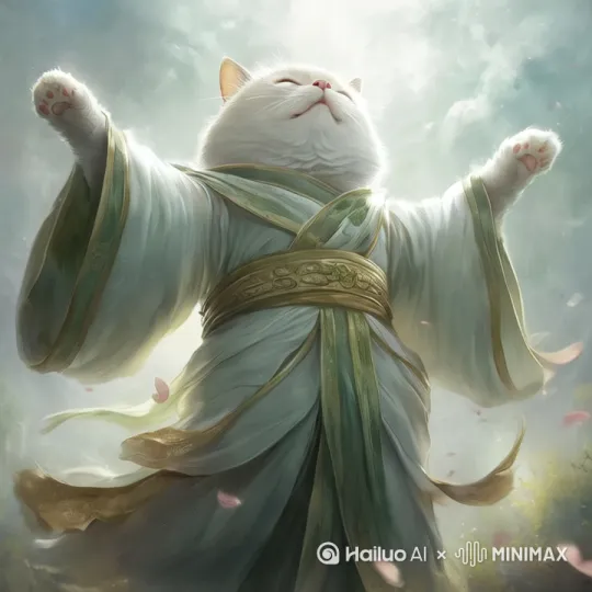 1猫，伸开双手[左移,右摇,跟随]，在阳光下，深呼吸，享受大自然的美好， by Hailuo AI Video Generator