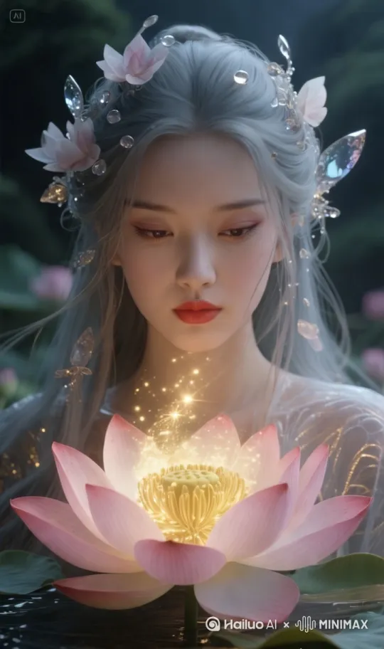 特写-推镜|荷花中心的花蕊突然发光，金色光点汇聚成女子的面容：眉眼细长如柳叶，唇色殷红如花瓣，皮肤半透明似能看见脉络下流动的水光，发丝由花瓣碎片凝结而成，发间点缀露珠状的妖晶。[推进]|镜头从花蕊缓缓推至女子面部，柔光聚焦 by Hailuo AI Video Generator