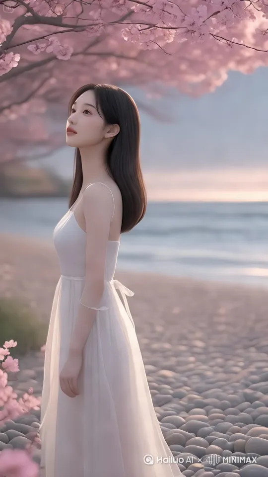 大海黄昏时的唯美场景，女孩一个人在海滩上行走，眼睛看着快要落山的太阳。海浪拍打岸边时产生的白色泡沫四处飞散。背景是日落时的黄昏。 by Hailuo AI Video Generator