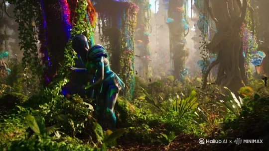 一名外星人战士，在树林子里面，准备埋伏敌人 by Hailuo AI Video Generator