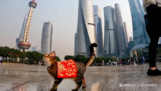 一只可爱的狸花猫，穿着精致的汉服，迈着优雅的步伐，依次走过中国几座著名的高楼大厦。

第一站是上海中心大厦，它以632米的高度傲视群雄。狸花猫抬头仰望这座摩天大楼，尾巴轻轻摇摆，似乎在思考如何开始这段旅程。

接着，它来到广州小蛮腰塔（广州塔），这座600米高的建筑以其独特的曲线造型闻名。狸花猫在塔下驻足欣赏，仿佛在欣赏一件艺术品。

然后是深圳平安国际金融中心（599米），狸花猫在这里稍作停留，感受着深圳的现代化气息。

天津高银金融117大厦（597米）是它的下一站，这座建筑以其独特的建筑风格吸引着狸花猫的目光。

在广州周大福中心（530米），狸花猫在汉服的映衬下，显得格外灵动。

北京的中国尊（528米）作为首都的地标，狸花猫在这里感受到了浓厚的历史文化氛围。

台北101大厦（508米）是它旅程中唯一一座位于台湾的建筑，狸花猫在这里感受到了两岸文化的交融。

回到上海，狸花猫来到了上海环球金融中心（492米），这座大楼的独特造型让它印象深刻。

最后，它来到中国香港的环球贸易广场（484米），在这里结束了这段精彩的摩天大楼之旅。

这只穿着汉服的狸花猫，就像一位优雅的旅行者，用自己的方式丈量着中国的城市高度。 by Hailuo AI Video Generator