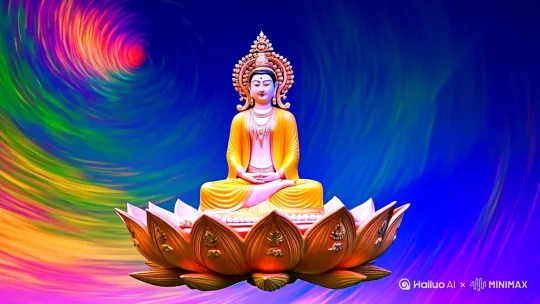 [左移,上升]天空五彩斑斓，菩萨坐在莲花宝座缓缓升空！ by Hailuo AI Video Generator