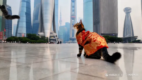 一只可爱的狸花猫，穿着精致的汉服，迈着优雅的步伐，依次走过中国几座著名的高楼大厦。

第一站是上海中心大厦，它以632米的高度傲视群雄。狸花猫抬头仰望这座摩天大楼，尾巴轻轻摇摆，似乎在思考如何开始这段旅程。

接着，它来到广州小蛮腰塔（广州塔），这座600米高的建筑以其独特的曲线造型闻名。狸花猫在塔下驻足欣赏，仿佛在欣赏一件艺术品。

然后是深圳平安国际金融中心（599米），狸花猫在这里稍作停留，感受着深圳的现代化气息。

天津高银金融117大厦（597米）是它的下一站，这座建筑以其独特的建筑风格吸引着狸花猫的目光。

在广州周大福中心（530米），狸花猫在汉服的映衬下，显得格外灵动。

北京的中国尊（528米）作为首都的地标，狸花猫在这里感受到了浓厚的历史文化氛围。

台北101大厦（508米）是它旅程中唯一一座位于台湾的建筑，狸花猫在这里感受到了两岸文化的交融。

回到上海，狸花猫来到了上海环球金融中心（492米），这座大楼的独特造型让它印象深刻。

最后，它来到中国香港的环球贸易广场（484米），在这里结束了这段精彩的摩天大楼之旅。

这只穿着汉服的狸花猫，就像一位优雅的旅行者，用自己的方式丈量着中国的城市高度。 by Hailuo AI Video Generator
