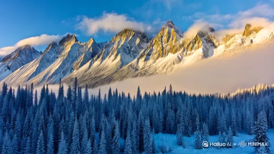 清晨七点的玉龙雪山仿佛被时间凝固成一幅水墨丹青。薄雾如轻纱缠绕山腰，十三座雪峰在渐亮的天幕下勾勒出冷峻的轮廓，皑皑白雪在破晓的微光中泛起幽蓝，宛如天神遗落人间的银剑。倏然间，第一缕晨光刺破云层，雪顶瞬间镀上流动的金箔，山脊线条在光影中层层晕染，由黛青渐变为琥珀色。山脚下的云杉林尚笼罩在靛蓝阴影中，针叶间凝结的冰晶却已折射出细碎的虹彩，与山顶的辉煌遥相呼应。寒冽的空气里飘荡着松脂与霜雪的气息，偶尔传来远处牦牛颈铃的脆响，惊起几只寒鸦掠过冰川消融的溪涧，在寂静中划开一道转瞬即逝的墨痕。[左移,上升] by Hailuo AI Video Generator