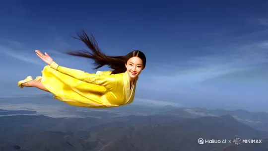 一位漂亮的中国古代女子,在浩瀚的天空中以优美的俯冲姿势飞翔,视觉惊艳的超写实风格电影画面,以长镜头和正面视角呈现,脸上挂着甜美的微笑,望着镜头,画面通过低角度的镜头完美了她优雅的全身姿态,女子顺滑的秀发随风自由飘扬,精致的黄色古装服饰完美贴合她的身材,光影效果极为细腻真实,配合8K超高清高清画质,仿佛是好莱坞顶级大片中令人惊艳惊艳的一幕 by Hailuo AI Video Generator