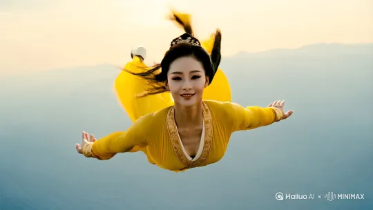 一位漂亮的中国古代女子,在浩瀚的天空中以优美的俯冲姿势飞翔,视觉惊艳的超写实风格电影画面,以长镜头和正面视角呈现,脸上挂着甜美的微笑,望着镜头,画面通过低角度的镜头完美了她优雅的全身姿态,女子顺滑的秀发随风自由飘扬,精致的黄色古装服饰完美贴合她的身材,光影效果极为细腻真实,配合8K超高清高清画质,仿佛是好莱坞顶级大片中令人惊艳惊艳的一幕 by Hailuo AI Video Generator