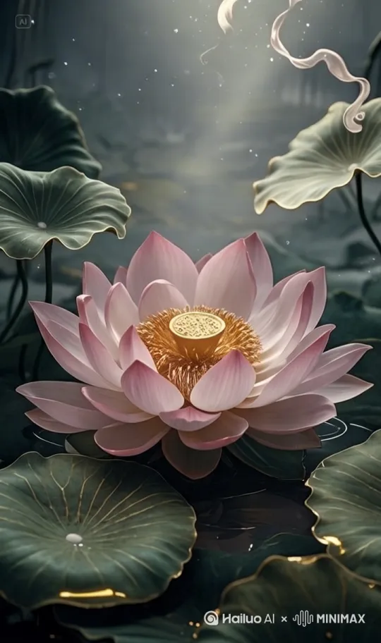全景-移镜|晨雾弥漫的古荷塘，荷叶如绿云铺展，中央一朵巨型荷花含苞待放，花瓣泛着珍珠般的光泽，茎秆缠绕着淡白色光晕，水面倒映着破碎的晨光，远处山石若隐若现，似有《山海经》中的奇兽纹路。[推进,上升]|镜头从水面平行移动至荷花，雾气粒子特效[推进,上升] by Hailuo AI Video Generator