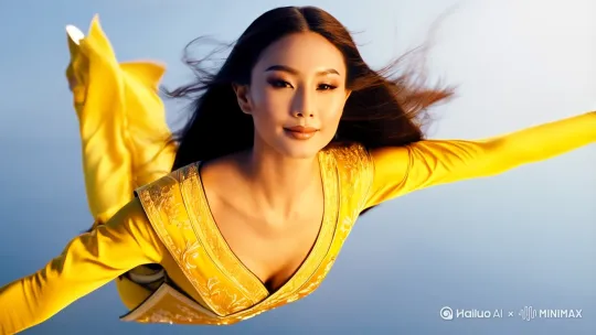 一位漂亮的中国古代女子，在浩瀚的天空中以优美的俯冲姿势飞翔，视觉惊艳的超写实风格电影画面，以长镜头和正面视角呈现，脸上挂着甜美的微笑，望着镜头，画面通过低角度的镜头完美了她优雅的全身姿态，女子顺滑的秀发随风自由飘扬，精致的黄色古装服饰完美贴合她的身材，光影效果极为细腻真实，配合8K超高清高清画质，仿佛是好莱坞顶级大片中令人惊艳惊艳的一幕一位漂亮的中国古代女子，在浩瀚的天空中以优美的俯冲姿势飞翔，视觉惊艳的超写实风格电影画面，以长镜头和正面视角呈现，脸上挂着甜美的微笑，望着镜头，画面通过低角度的镜头完美了她优雅的全身姿态，女子顺滑的秀发随风自由飘扬，精致的黄色古装服饰完美贴合她的身材，光影效果极为细腻真实，配合8K超高清高清画质，仿佛是好莱坞顶级大片中令人惊艳惊艳的一幕
智能 by Hailuo AI Video Generator